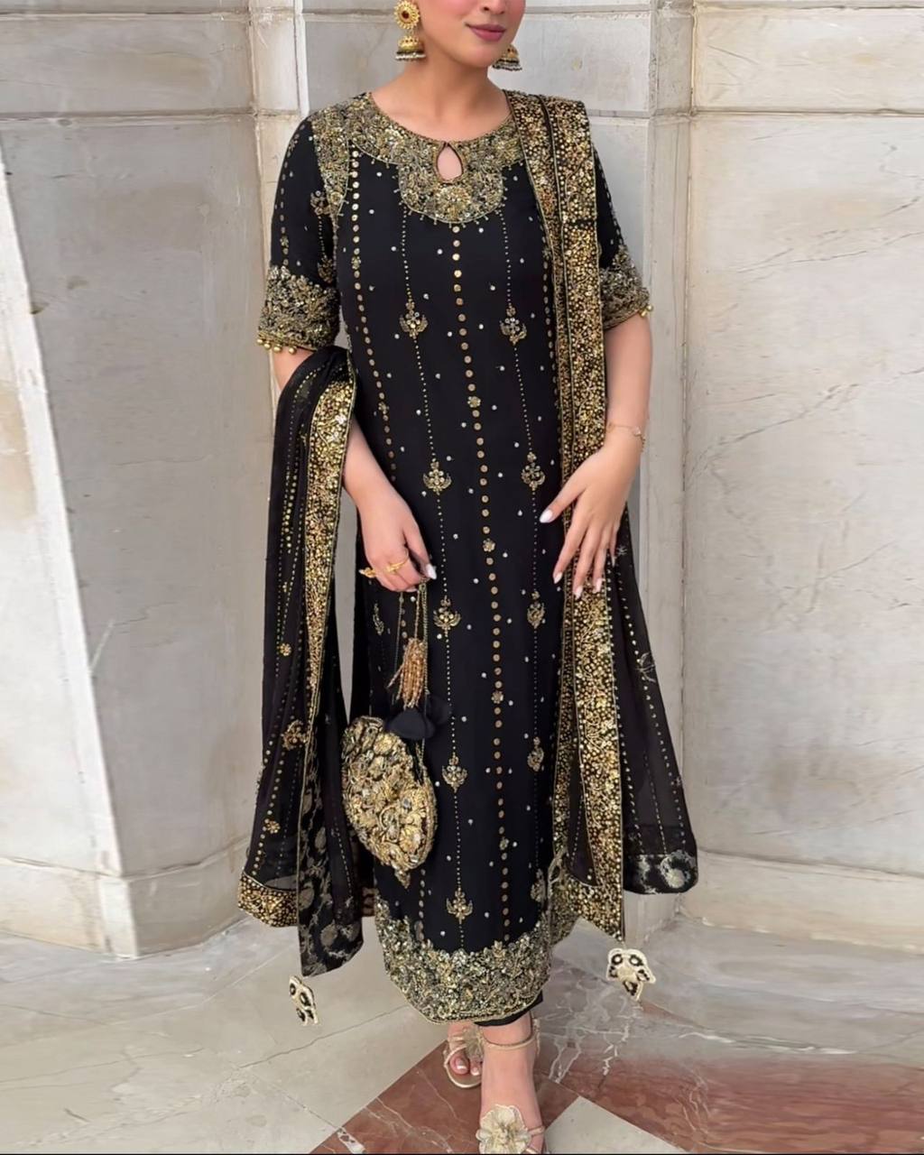 🩵 Elegant Rivet Moti Sequence Suit – Effortless Grace in Every Stitch