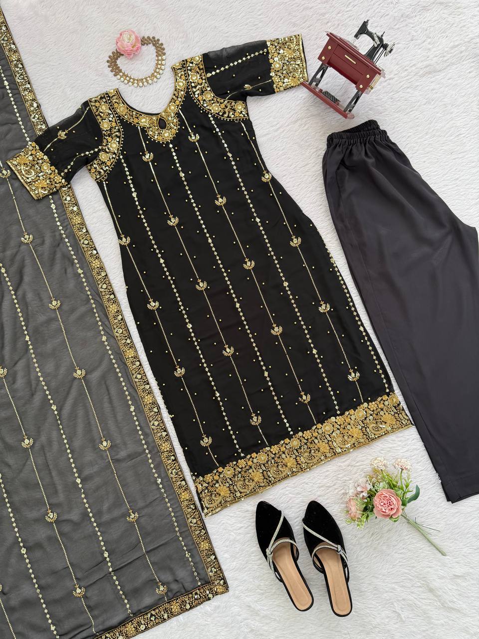 🩵 Elegant Rivet Moti Sequence Suit – Effortless Grace in Every Stitch