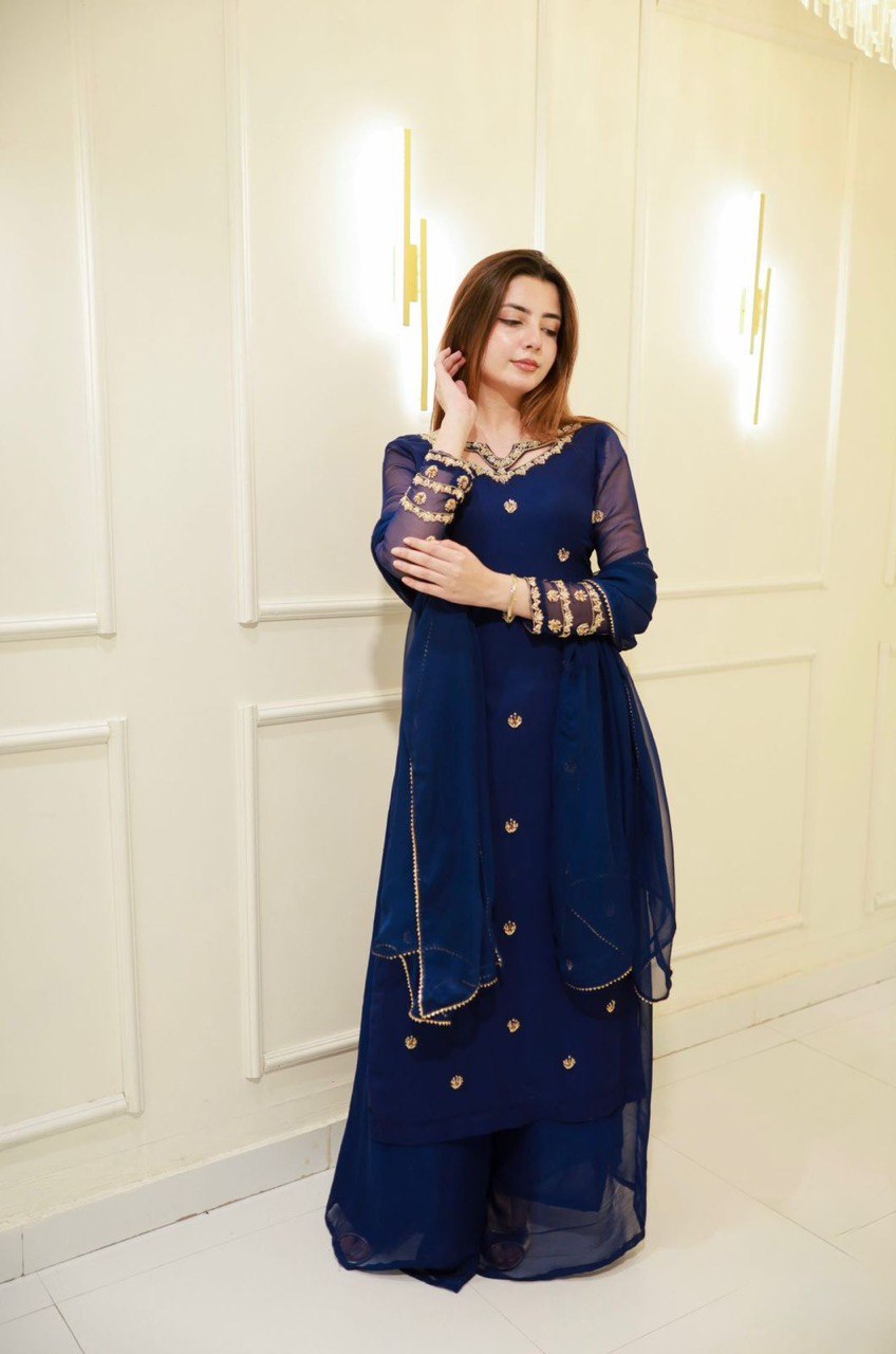 “Elegant Faux Georgette Thread Work Suit Set with Fancy Lace Dupatta”