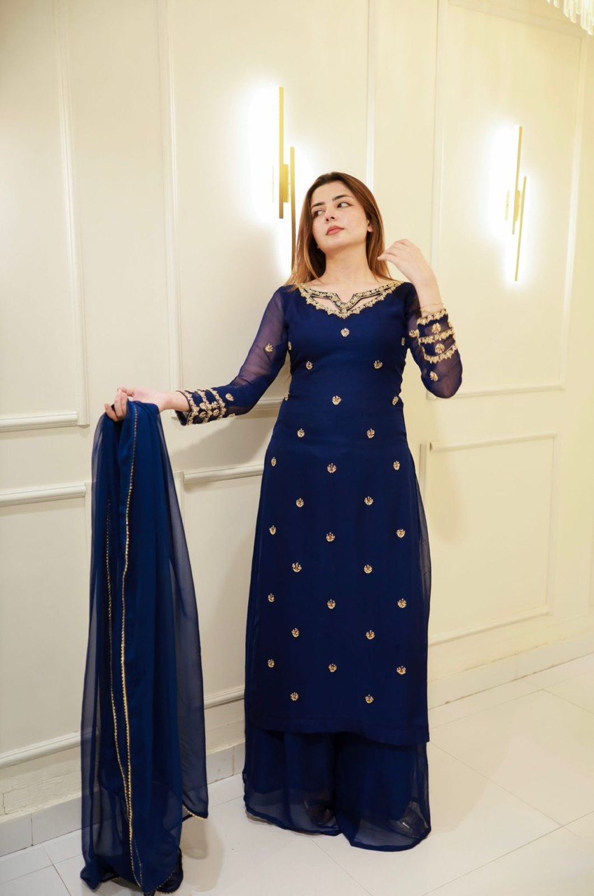 “Elegant Faux Georgette Thread Work Suit Set with Fancy Lace Dupatta”