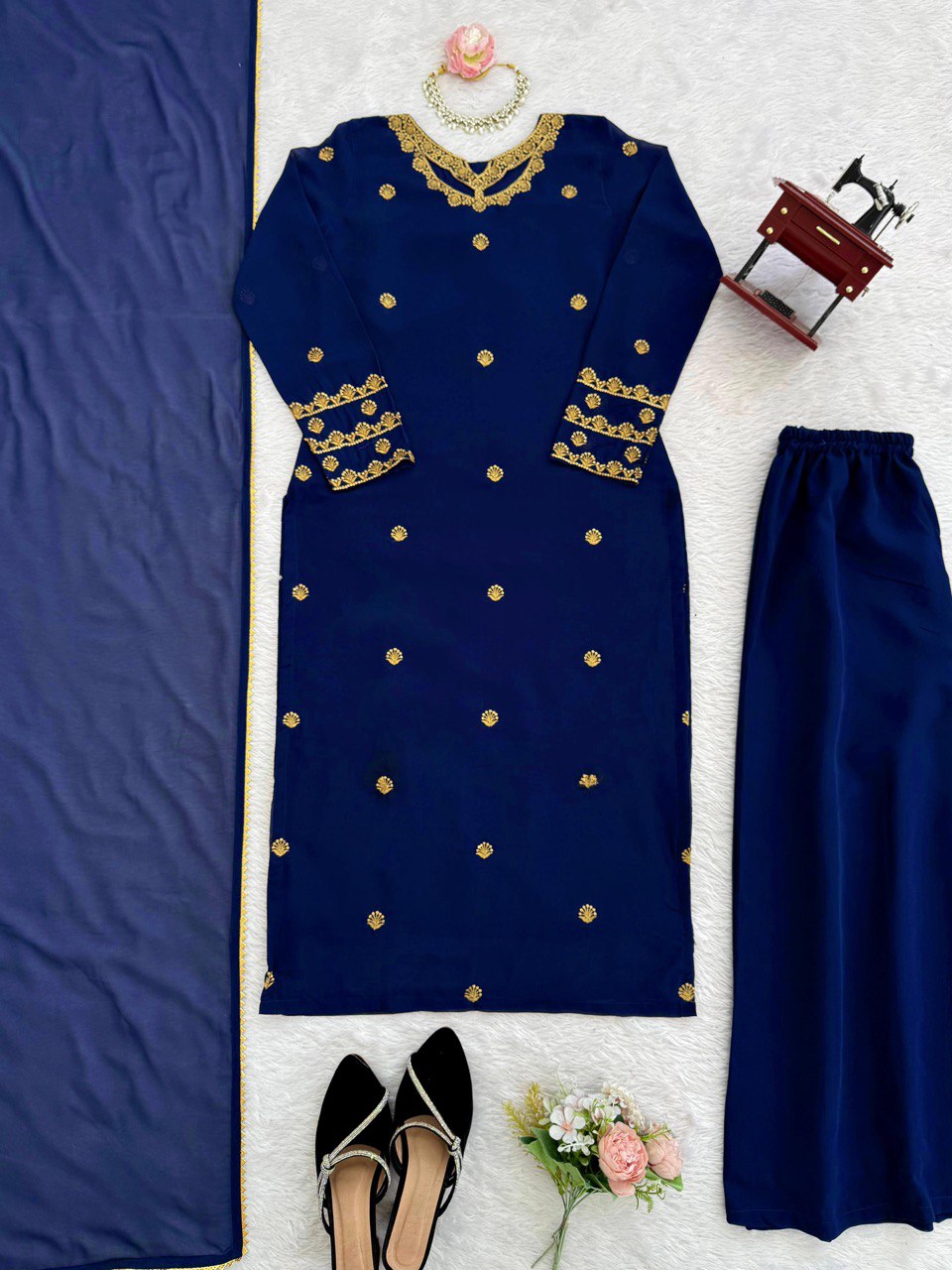 “Elegant Faux Georgette Thread Work Suit Set with Fancy Lace Dupatta”