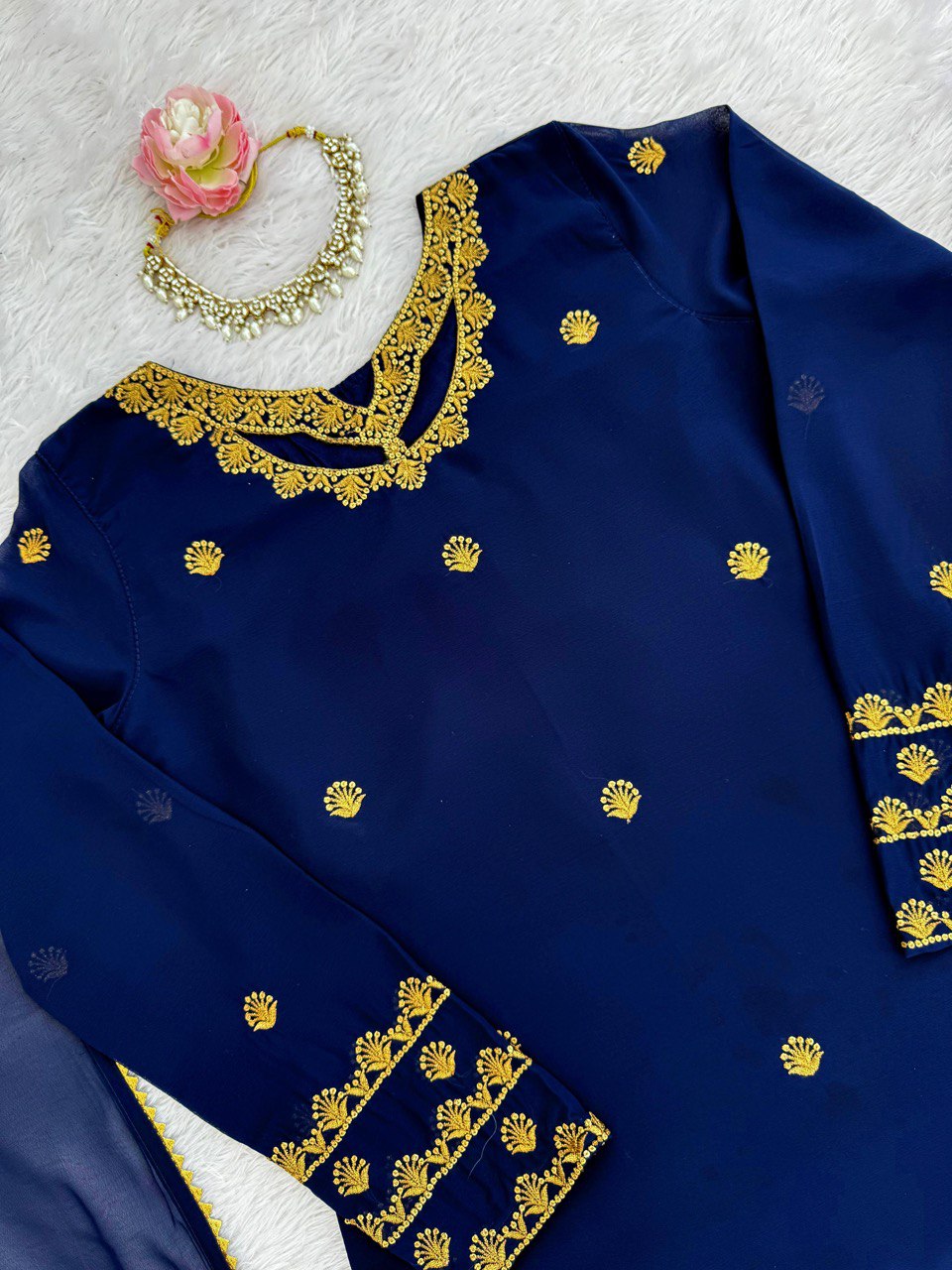 “Elegant Faux Georgette Thread Work Suit Set with Fancy Lace Dupatta”