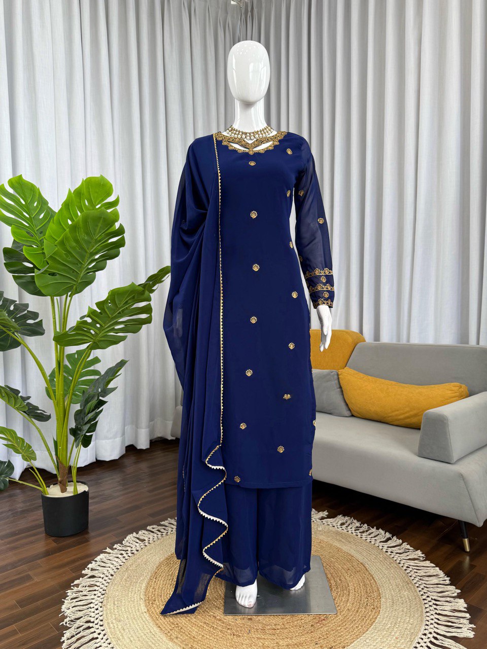 “Elegant Faux Georgette Thread Work Suit Set with Fancy Lace Dupatta”