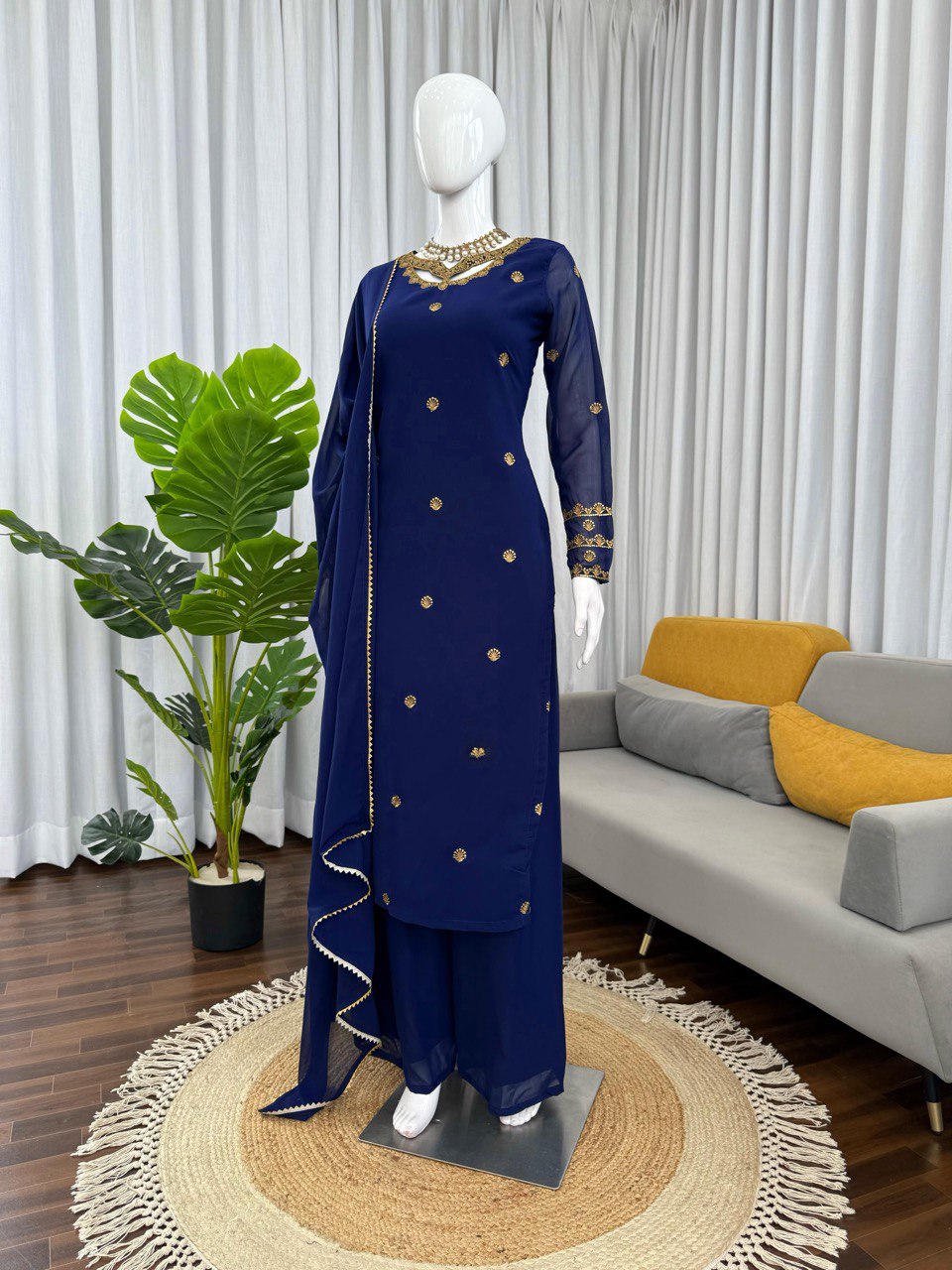 “Elegant Faux Georgette Thread Work Suit Set with Fancy Lace Dupatta”