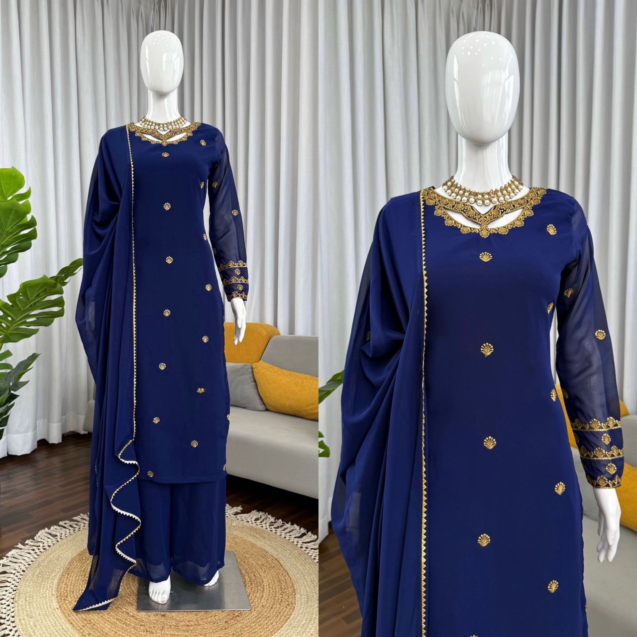 “Elegant Faux Georgette Thread Work Suit Set with Fancy Lace Dupatta”
