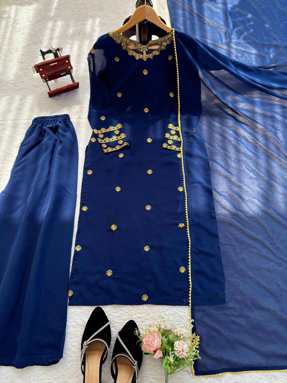 “Elegant Faux Georgette Thread Work Suit Set with Fancy Lace Dupatta”