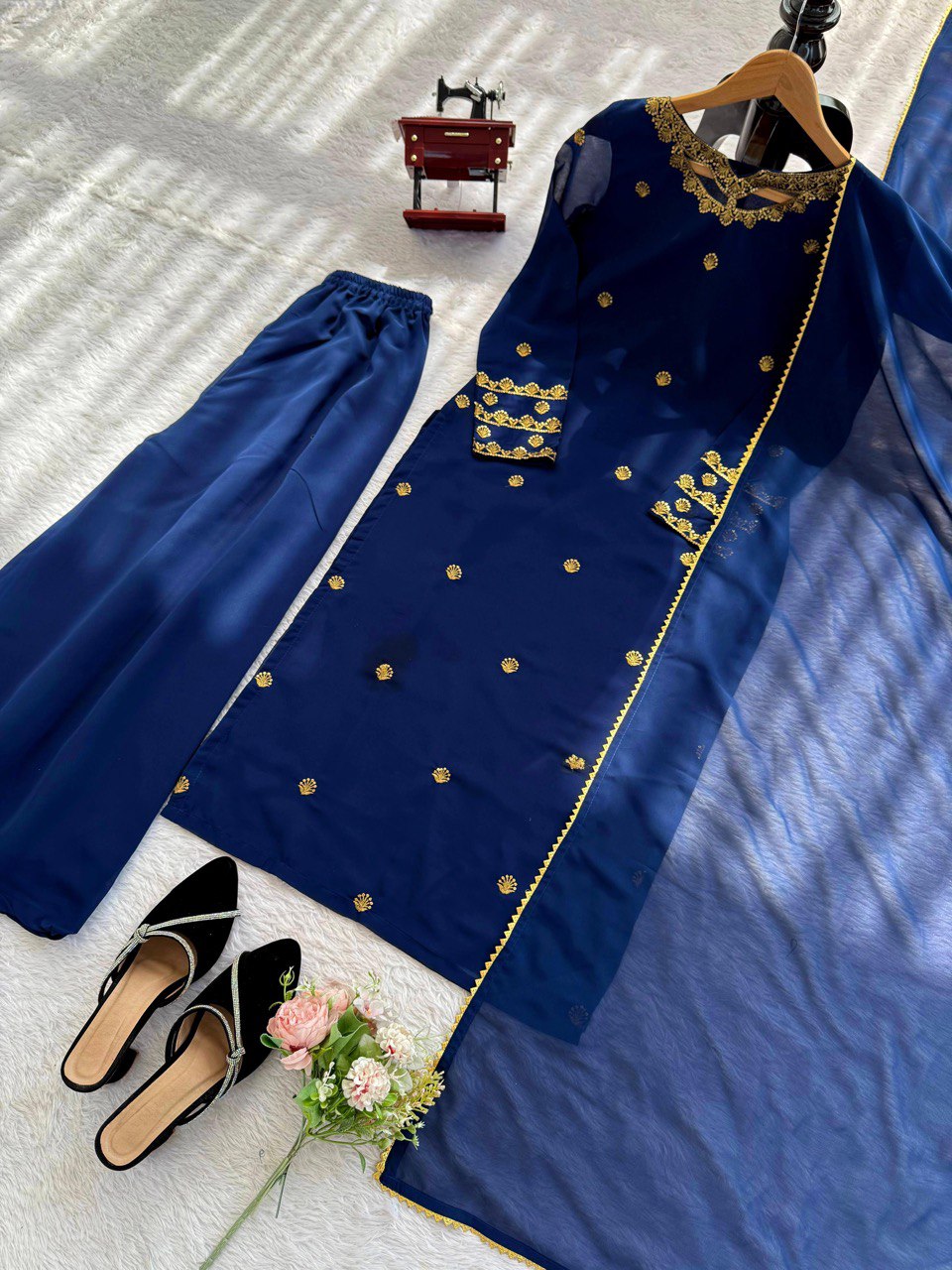 “Elegant Faux Georgette Thread Work Suit Set with Fancy Lace Dupatta”