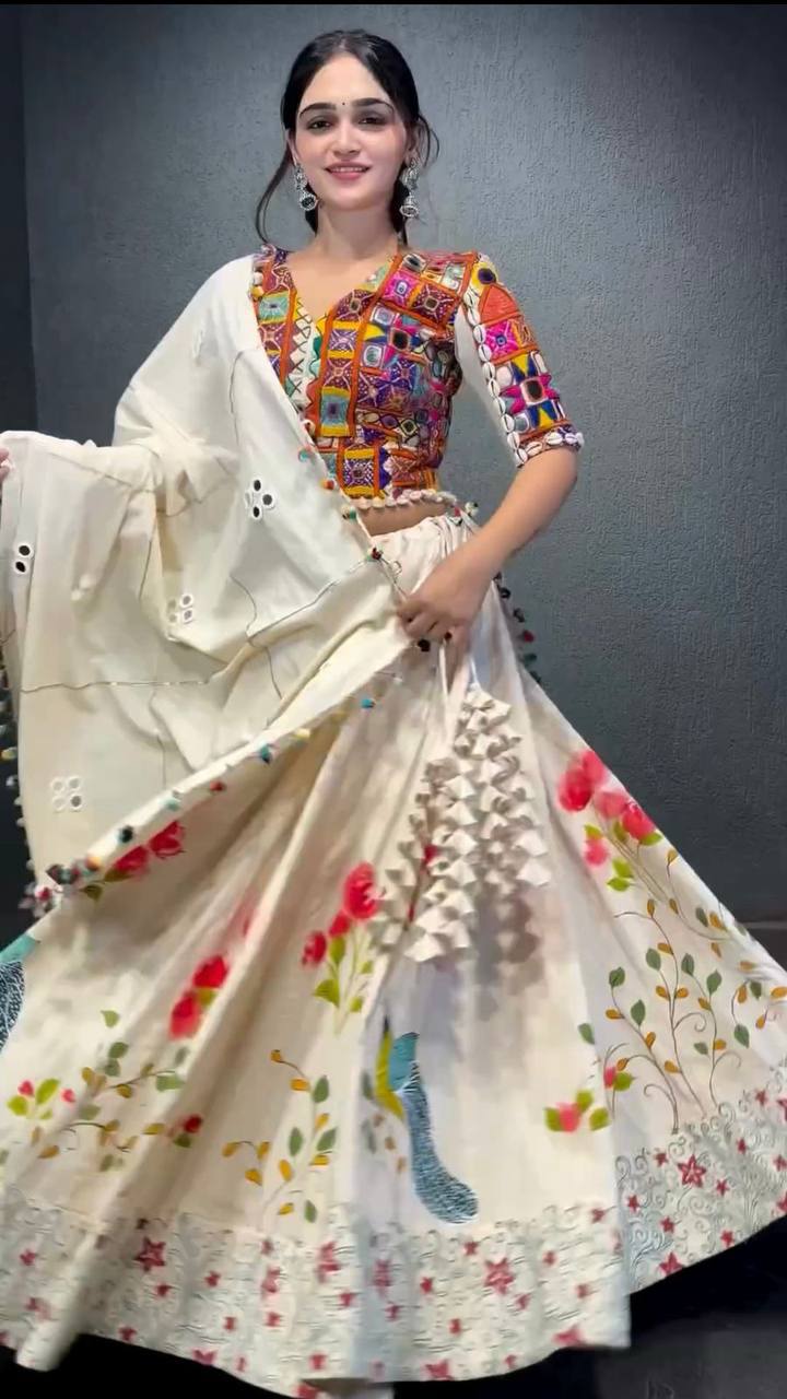 🌸 Royal Reverie: Reyon 3-Piece Semi-Stitched Lehenga Set with Elegant Mirror & Thread Work