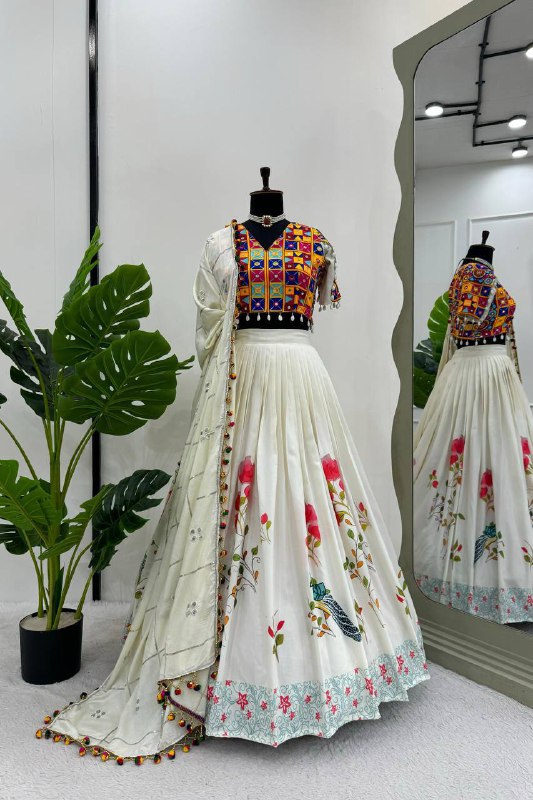 🌸 Royal Reverie: Reyon 3-Piece Semi-Stitched Lehenga Set with Elegant Mirror & Thread Work