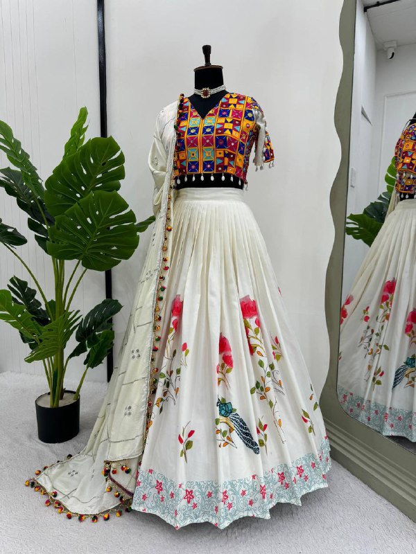 🌸 Royal Reverie: Reyon 3-Piece Semi-Stitched Lehenga Set with Elegant Mirror & Thread Work