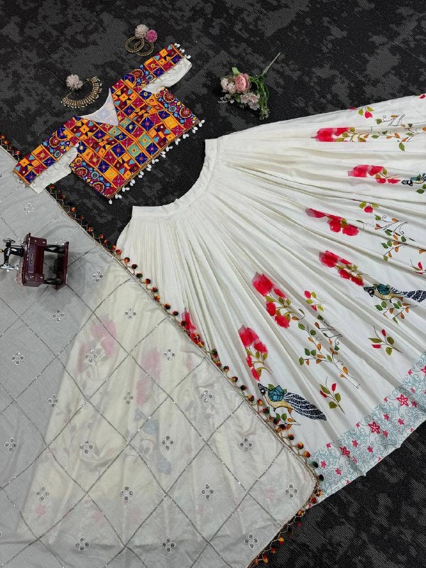 🌸 Royal Reverie: Reyon 3-Piece Semi-Stitched Lehenga Set with Elegant Mirror & Thread Work