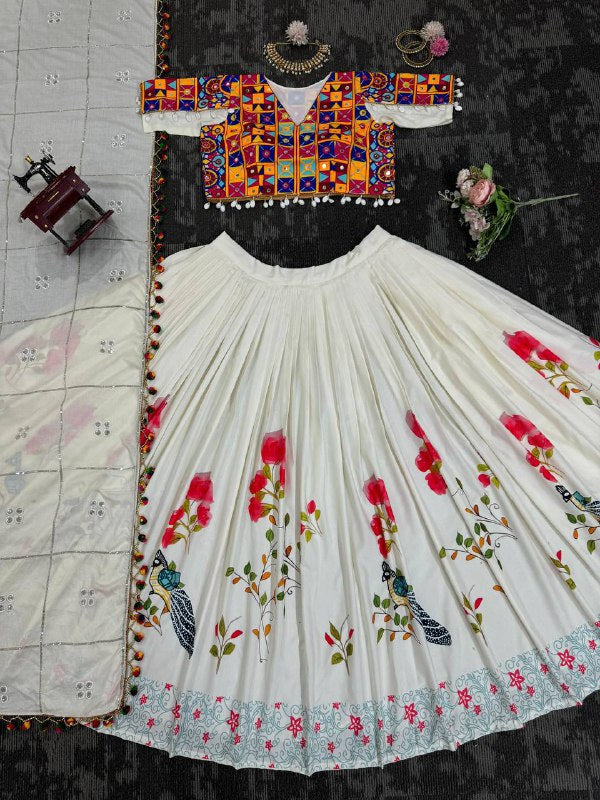 🌸 Royal Reverie: Reyon 3-Piece Semi-Stitched Lehenga Set with Elegant Mirror & Thread Work