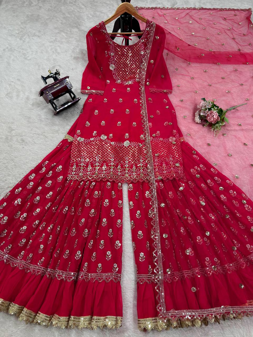 Premium Faux Georgette 3-Piece Sharara Set with Sequin Work