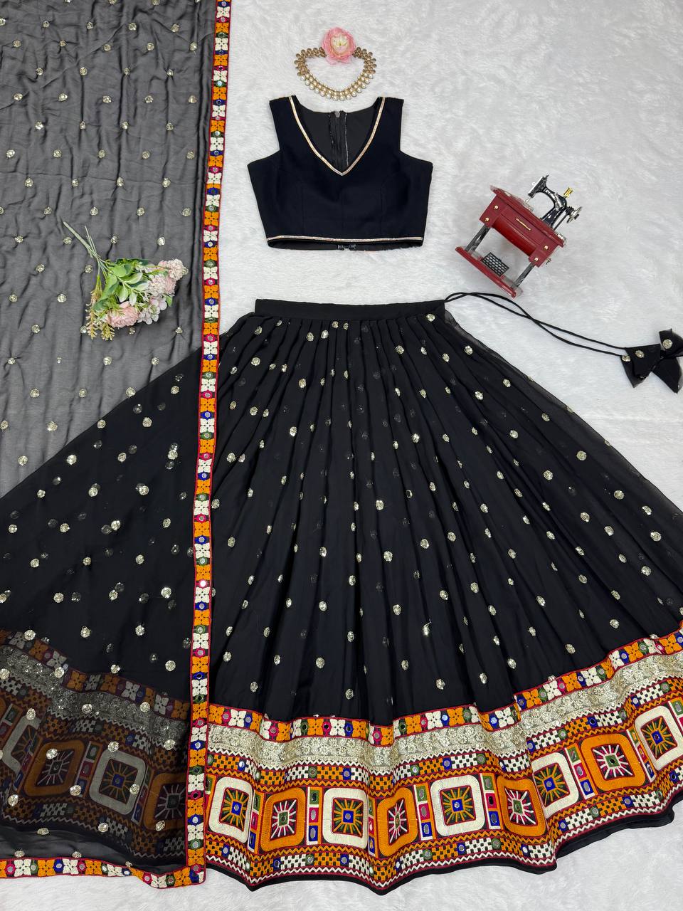 Designer Heavy Faux Georgette Lehenga Set with Real Mirror & Gamthi Thread Work | 4-Meter Flair