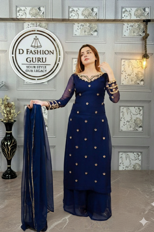 “Elegant Faux Georgette Thread Work Suit Set with Fancy Lace Dupatta”