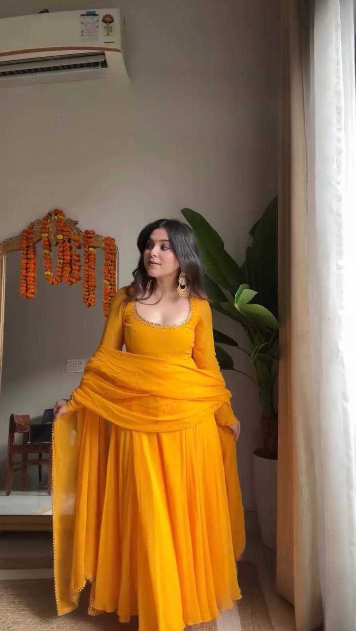 Handcrafted Charm Anarkali for Your Haldi Day! 🧚‍♀️💛