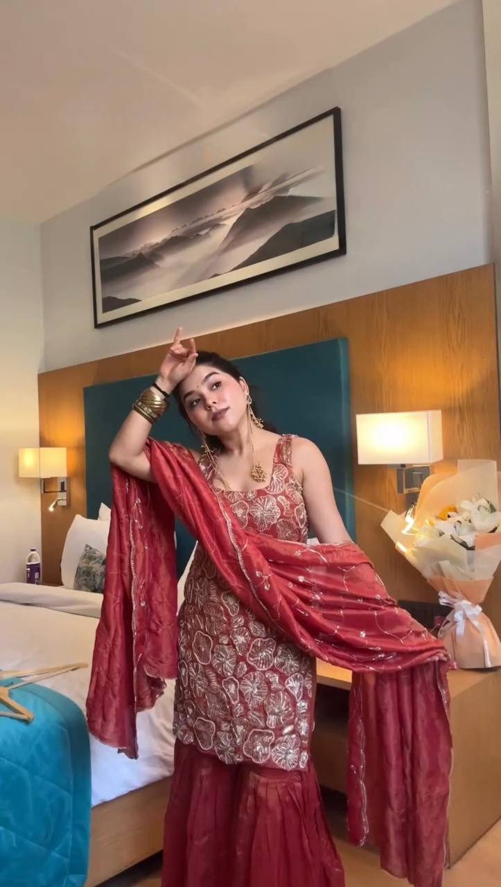 💃 Festive Elegance – 3-Piece Simmer Silk Sharara Set - RTC - 5927 🌟🎀