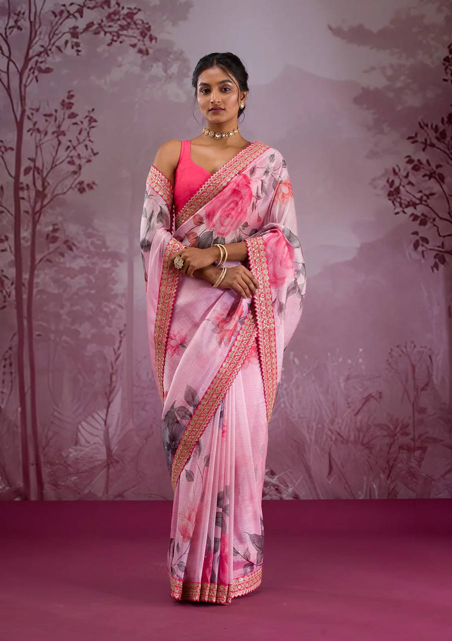 Pink Floral Chinnon Silk Saree – Mesmerizing & Modern -NC - 5493🌸🌸