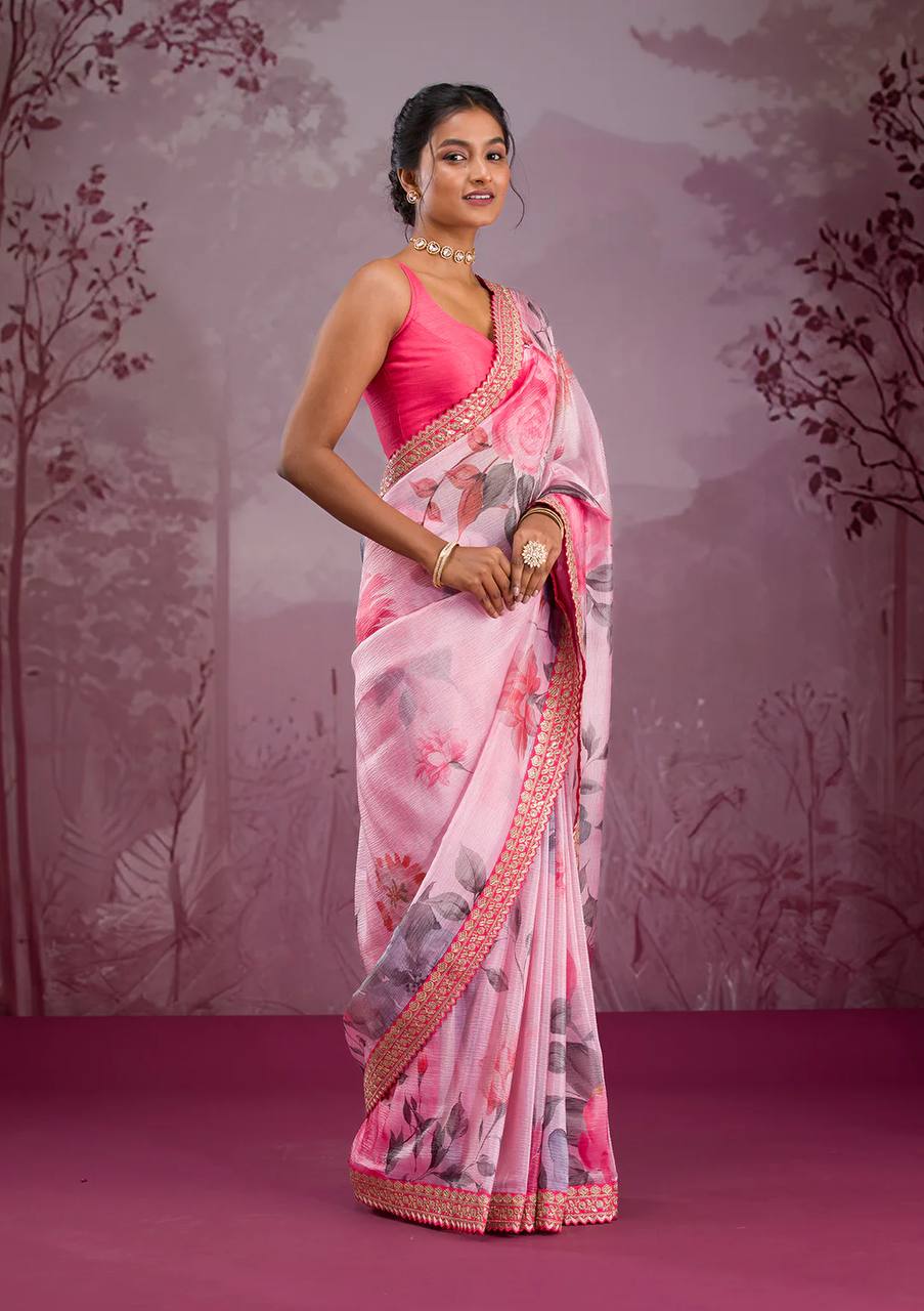Pink Floral Chinnon Silk Saree – Mesmerizing & Modern -NC - 5493🌸🌸