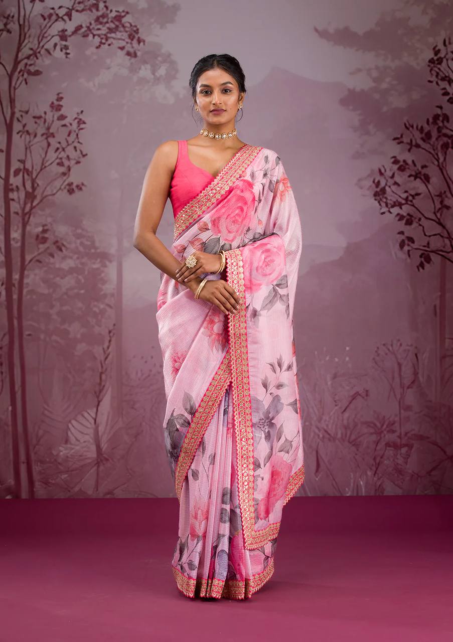 Pink Floral Chinnon Silk Saree – Mesmerizing & Modern -NC - 5493🌸🌸