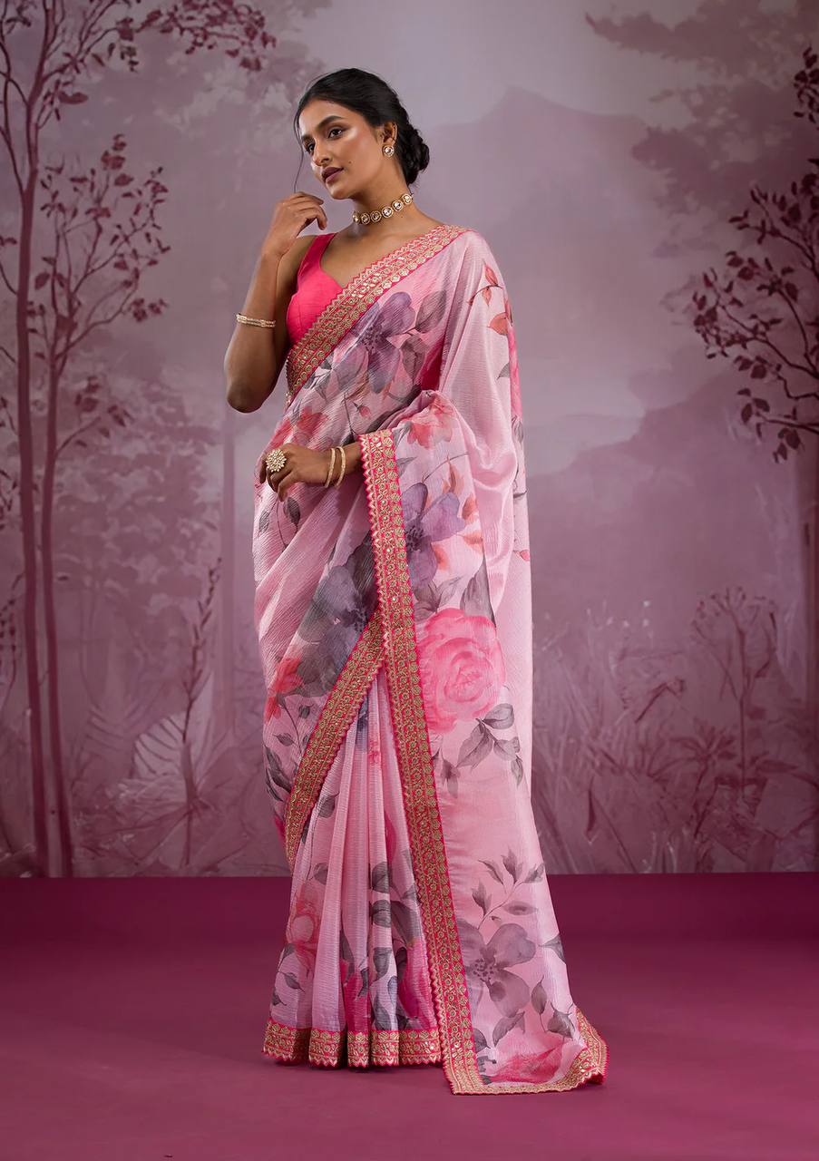 Pink Floral Chinnon Silk Saree – Mesmerizing & Modern -NC - 5493🌸🌸