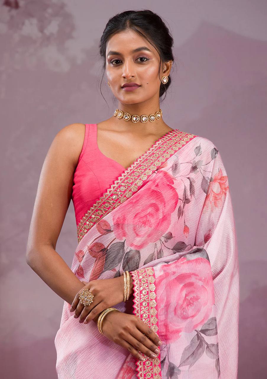 Pink Floral Chinnon Silk Saree – Mesmerizing & Modern -NC - 5493🌸🌸