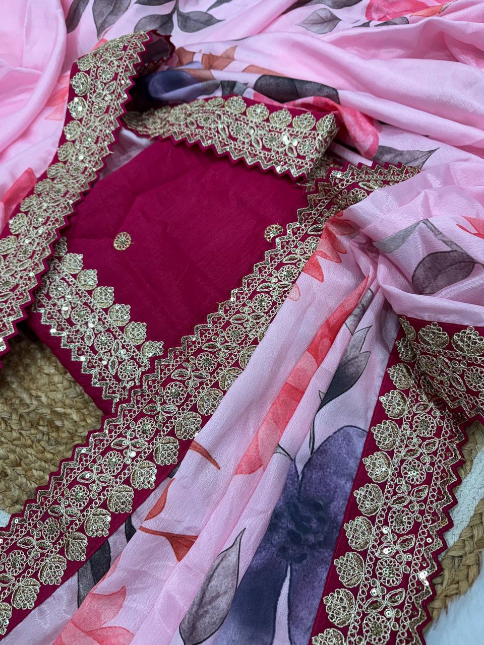 Pink Floral Chinnon Silk Saree – Mesmerizing & Modern -NC - 5493🌸🌸