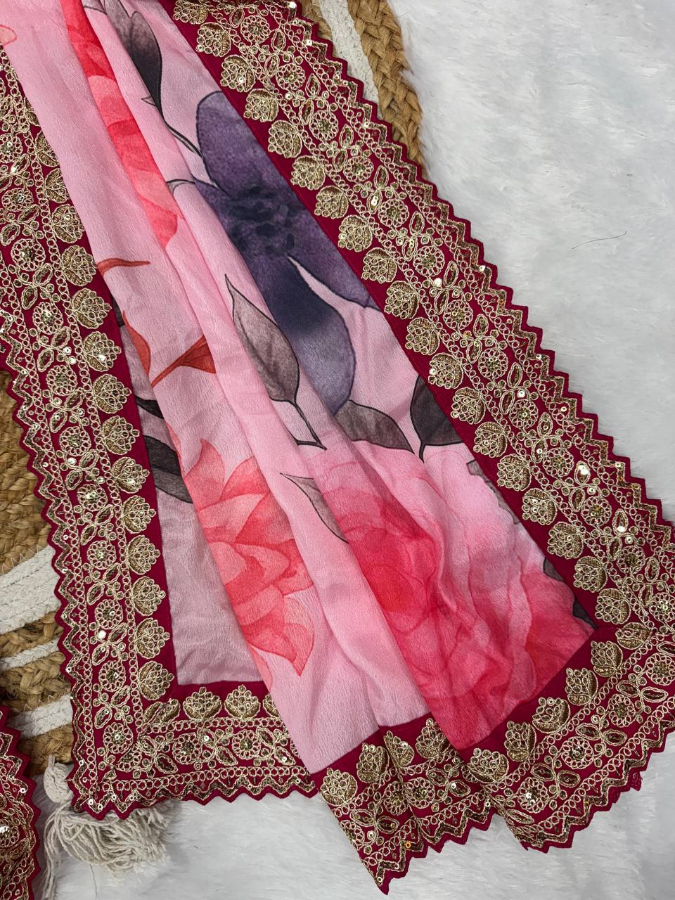 Pink Floral Chinnon Silk Saree – Mesmerizing & Modern -NC - 5493🌸🌸