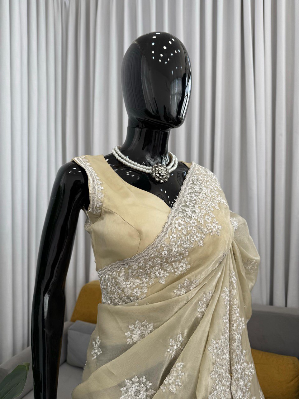 ✨ “Designer Jimmy Chu Saree with Coding & Thread Work and Unstitched Blouse” ✨