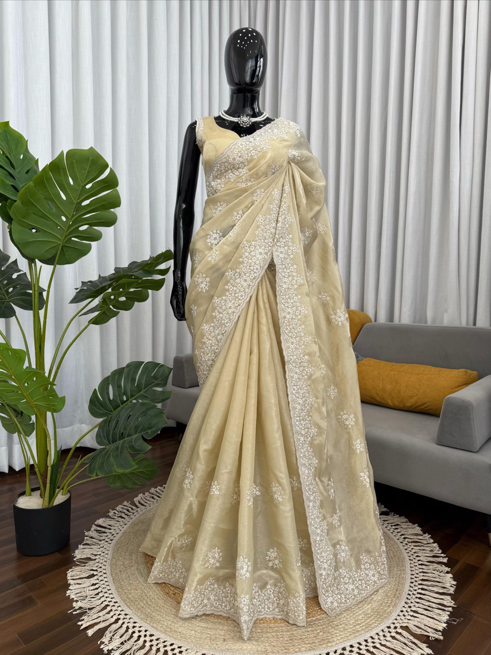 ✨ “Designer Jimmy Chu Saree with Coding & Thread Work and Unstitched Blouse” ✨