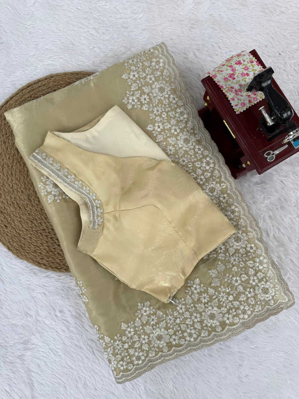 ✨ “Designer Jimmy Chu Saree with Coding & Thread Work and Unstitched Blouse” ✨