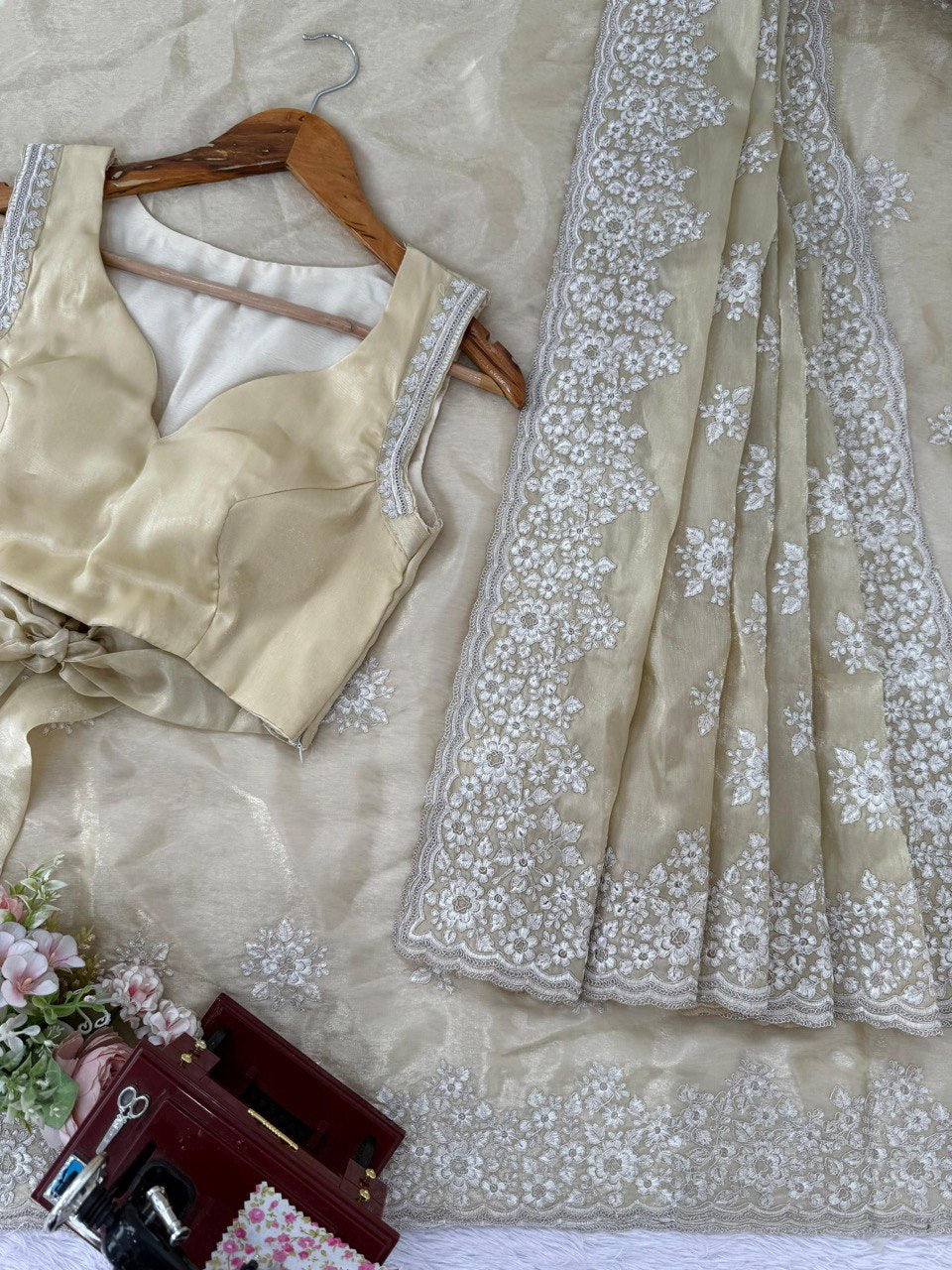 ✨ “Designer Jimmy Chu Saree with Coding & Thread Work and Unstitched Blouse” ✨