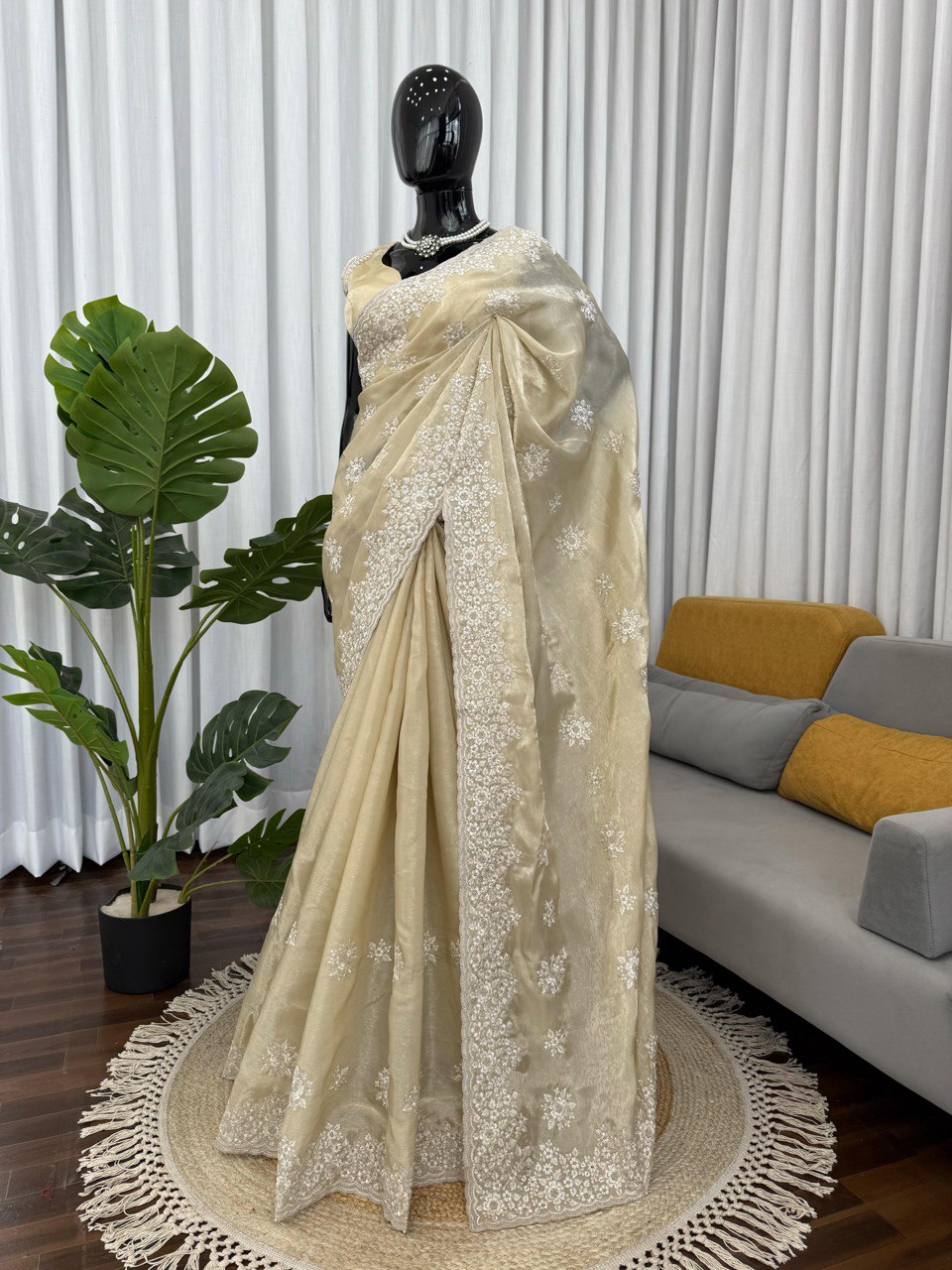 ✨ “Designer Jimmy Chu Saree with Coding & Thread Work and Unstitched Blouse” ✨