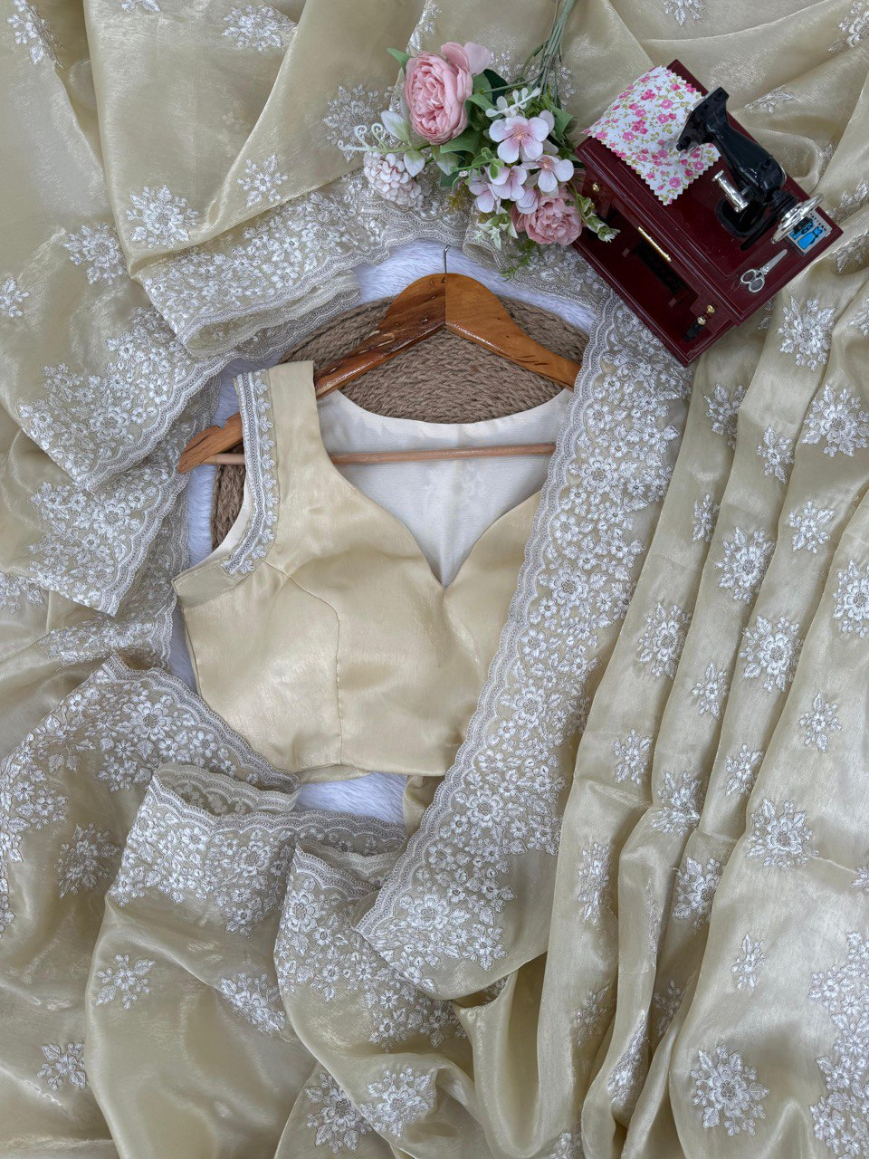 ✨ “Designer Jimmy Chu Saree with Coding & Thread Work and Unstitched Blouse” ✨