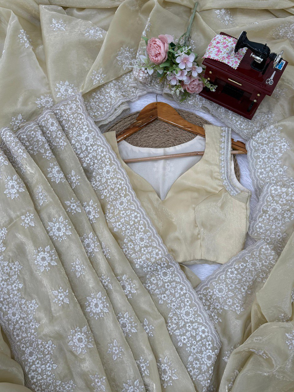 ✨ “Designer Jimmy Chu Saree with Coding & Thread Work and Unstitched Blouse” ✨