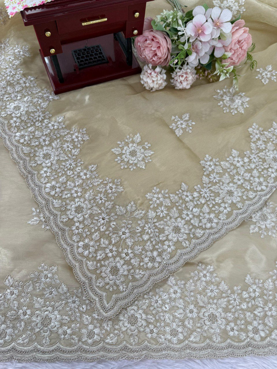 ✨ “Designer Jimmy Chu Saree with Coding & Thread Work and Unstitched Blouse” ✨