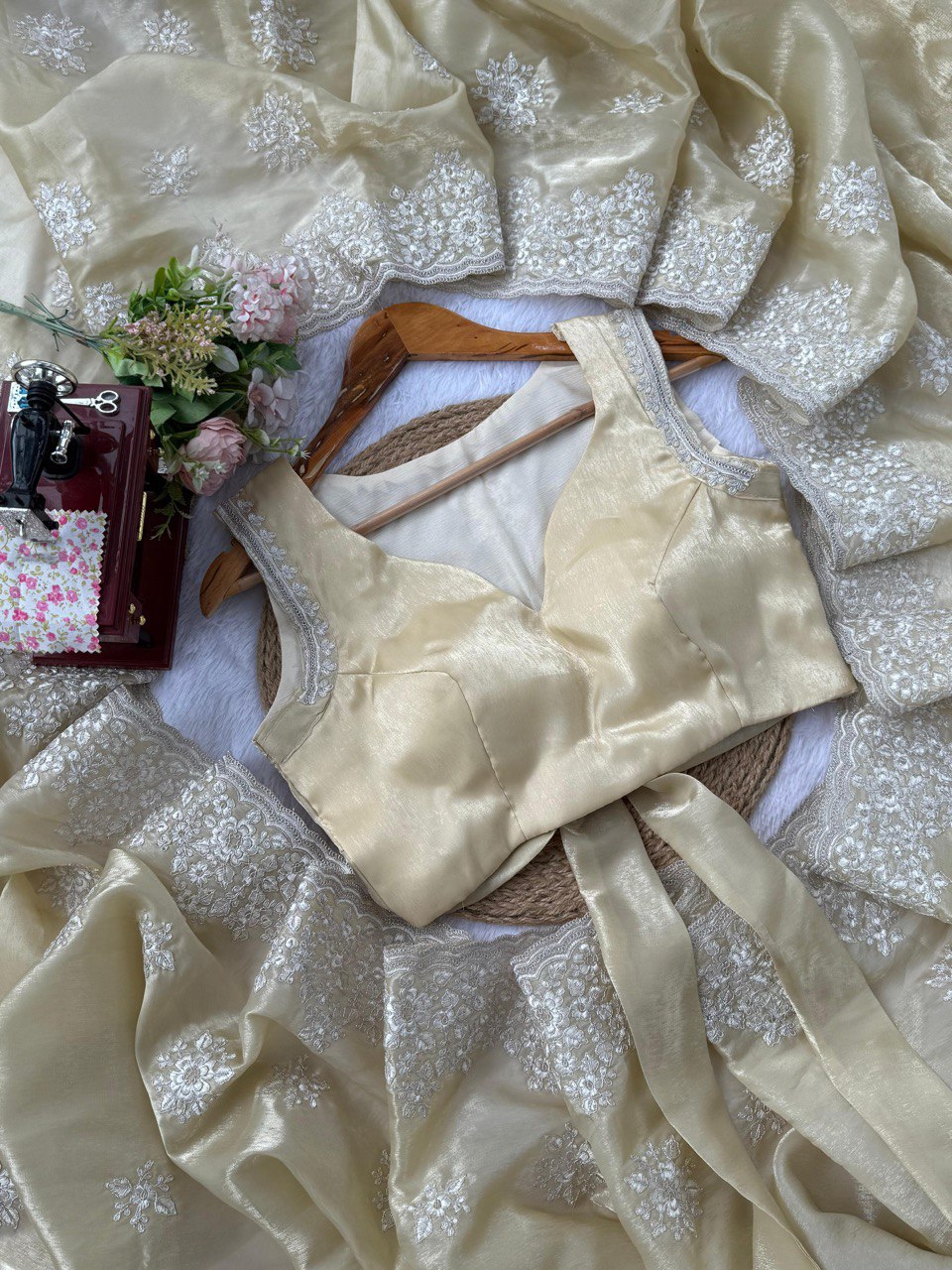 ✨ “Designer Jimmy Chu Saree with Coding & Thread Work and Unstitched Blouse” ✨