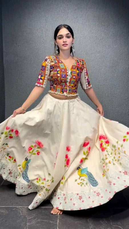 🌸 Royal Reverie: Reyon 3-Piece Semi-Stitched Lehenga Set with Elegant Mirror & Thread Work