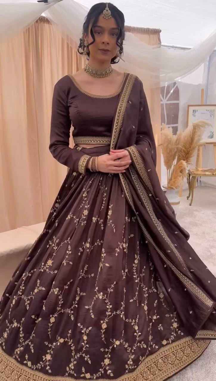 👑 Regal Radiance: 3-Piece Chinon Silk Lehenga Set with Intricate Detailing