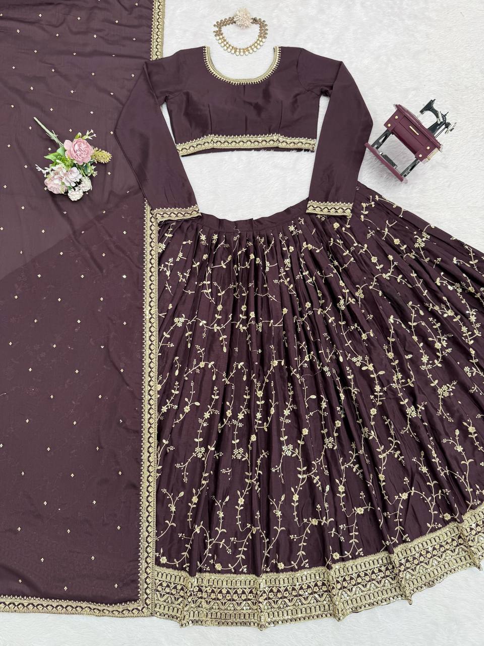 👑 Regal Radiance: 3-Piece Chinon Silk Lehenga Set with Intricate Detailing