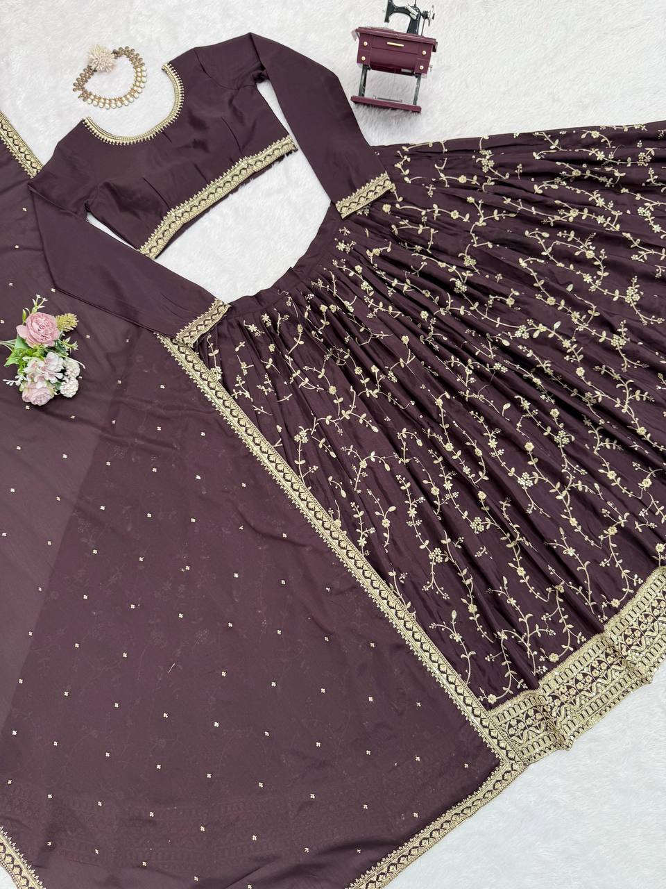 👑 Regal Radiance: 3-Piece Chinon Silk Lehenga Set with Intricate Detailing