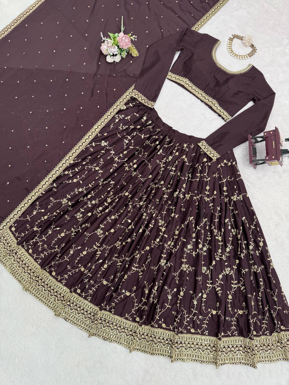 👑 Regal Radiance: 3-Piece Chinon Silk Lehenga Set with Intricate Detailing