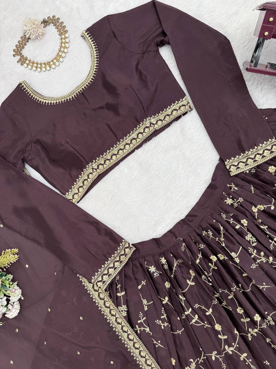 👑 Regal Radiance: 3-Piece Chinon Silk Lehenga Set with Intricate Detailing