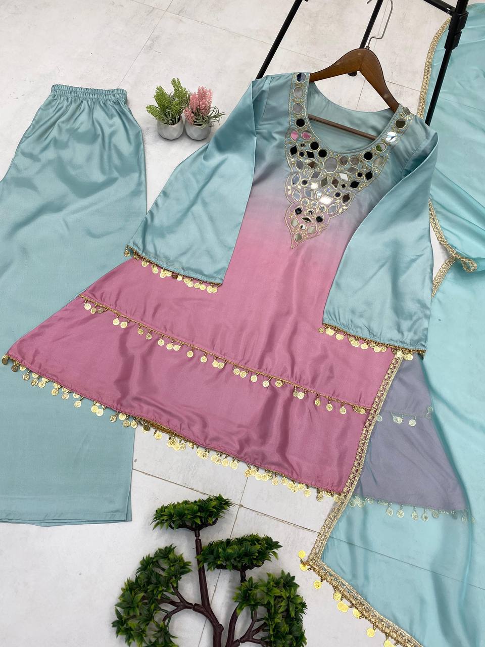💫✨ EXCLUSIVE PRINTED CRAPE SILK 3-PIECE PLAZO SET-LG-2008 ✨💫
