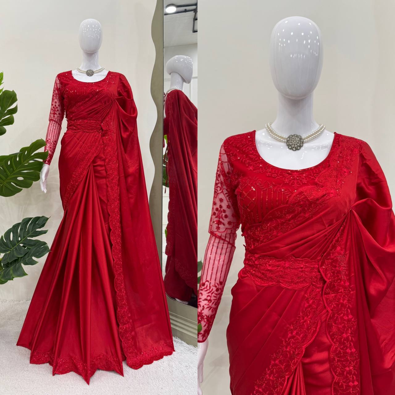 ✨ Stunning Designer Saree with Belt – Satin Silk Elegance ✨