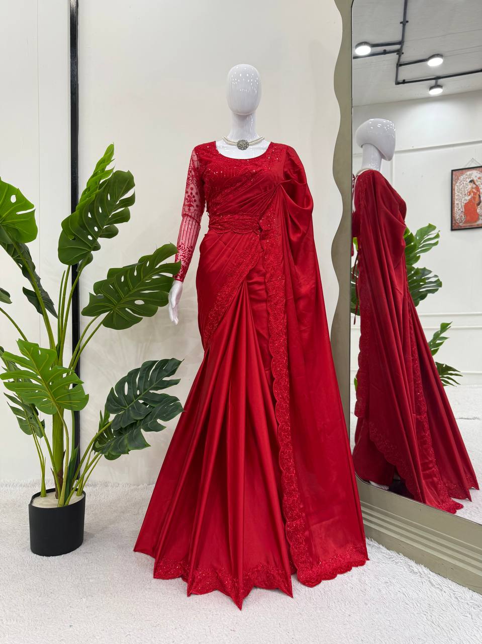 ✨ Stunning Designer Saree with Belt – Satin Silk Elegance ✨