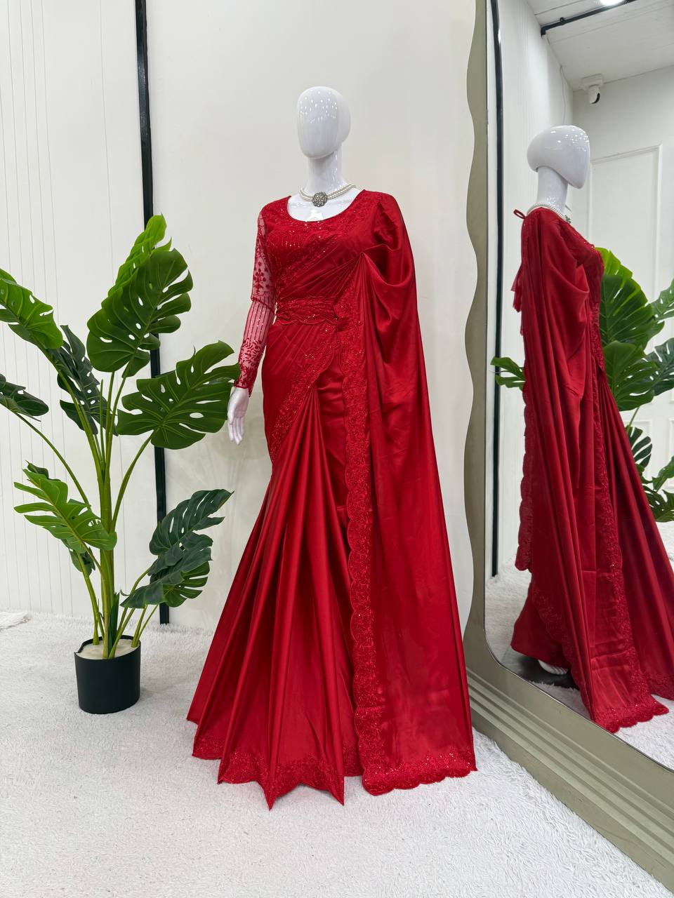 ✨ Stunning Designer Saree with Belt – Satin Silk Elegance ✨