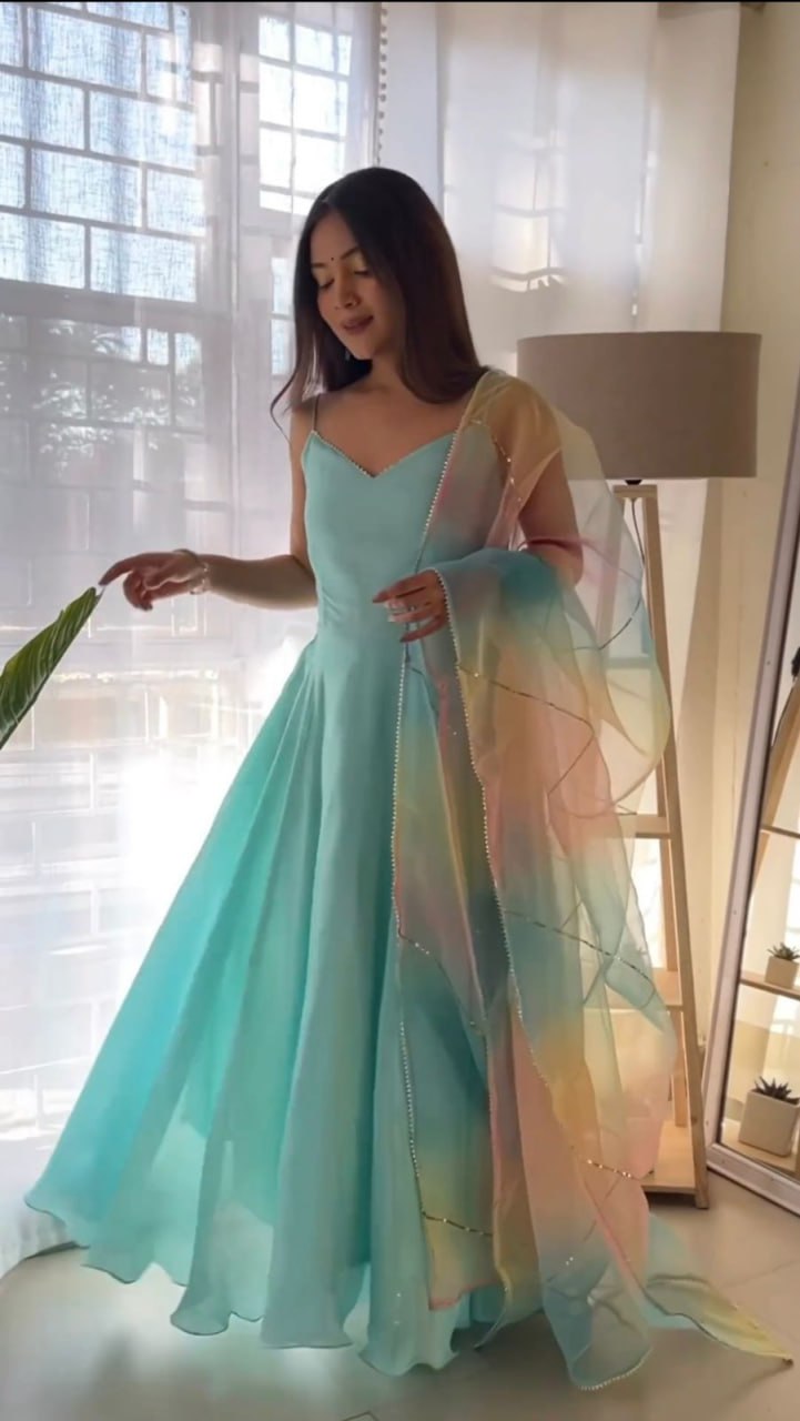 Designer Chinon Gown Set with Organza Dupatta-KD-1237🌟💗