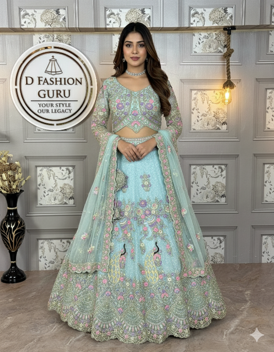 Light Blue Butterfly Net Lehenga with Can-Can & Sequins Work – Wedding & Festive Wear