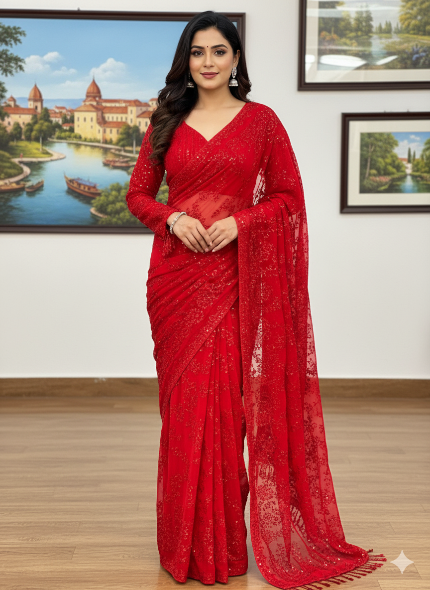 Superhit Georgette Embroidered Saree with Ready Blouse!-ST- 488 💃